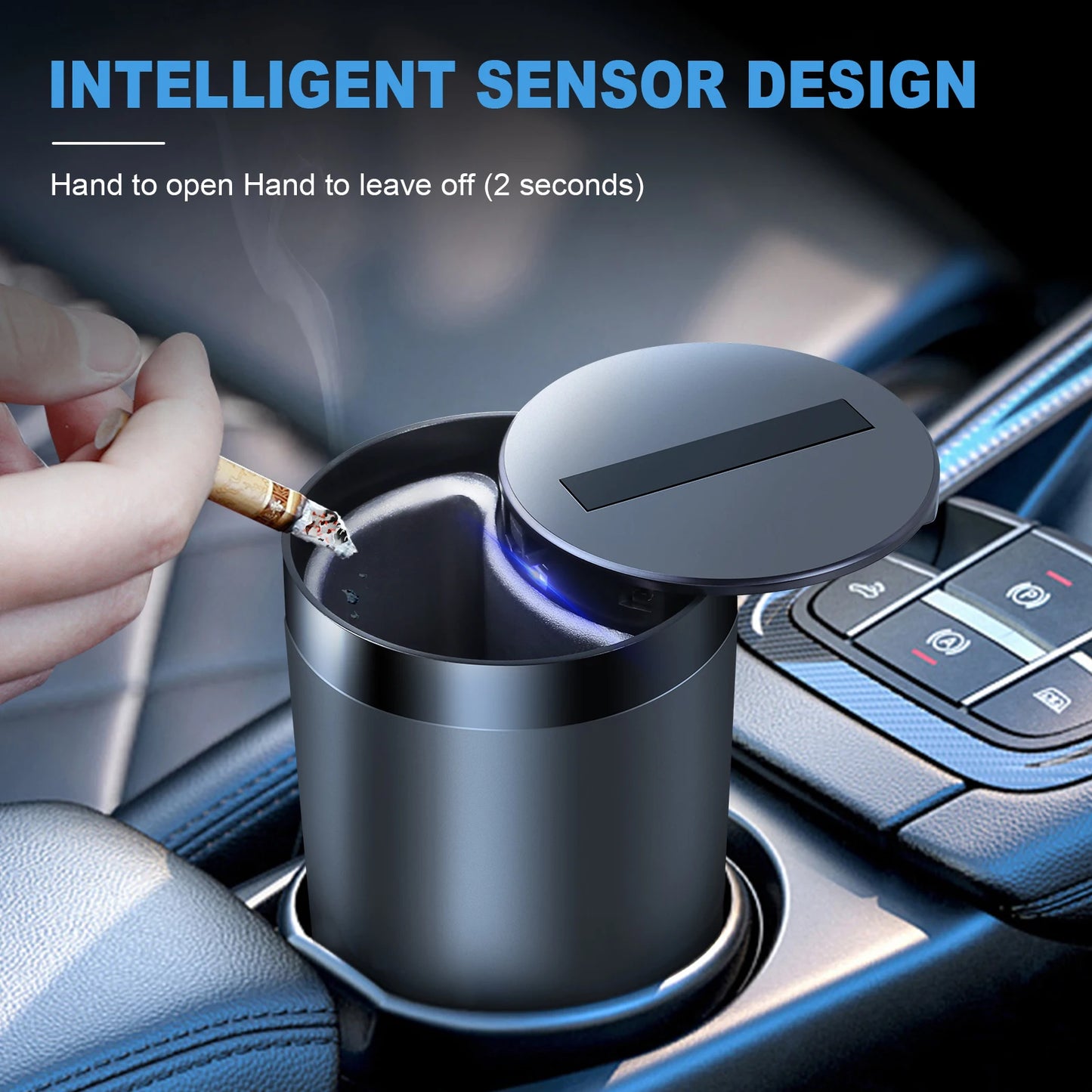 Smart Car Ashtray Intelligent Induction Automatic Opening and Closing Portable Car Cigarette Ashtray Cup with Blue LED Light